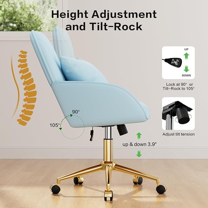 Home Office Desk Chair Comfy with Adjustable Swivel Wheels, Modern Velvet Makeup Vanity Chair with Back & Pillow, Ergonomic Office Chair Computer Task Chair for Living Room, Bedroom, Blue