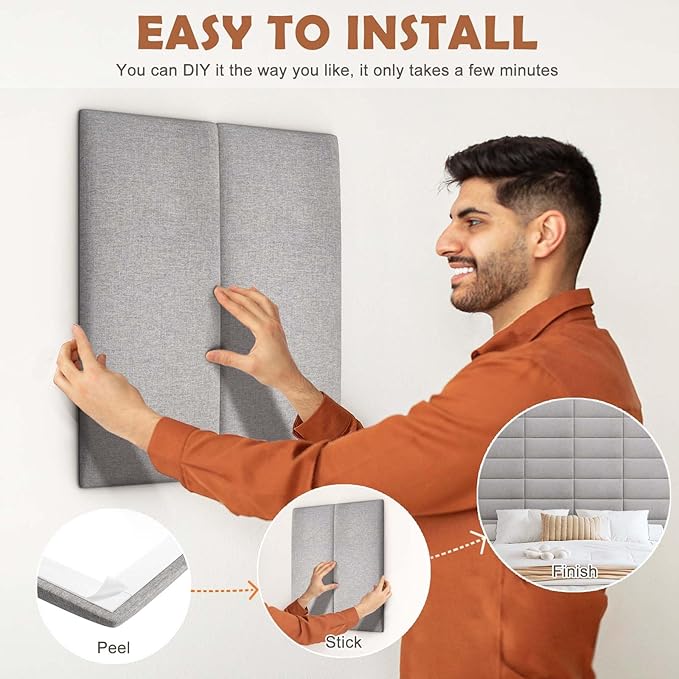 IFNOW Upholstered Wall Mounted Headboard, 3D Soundproof Wall Panels Peel and Stick for King Size, Reusable and Removable Tufted Bed Headboard in Medium Grey (12 Panels, 10" x 24")