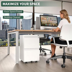 2 Drawer File Cabinet with Lock,Under Desk Rolling Small Filing Cabinet for Home Office Storage, Mobile Steel Cabinets with Wheels, Fully Assembled, White