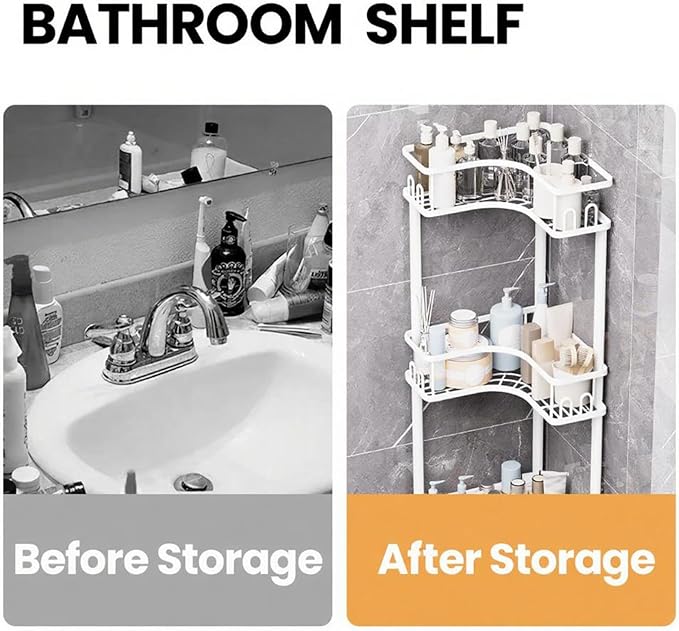 Free Standing 3 Tier Shower Caddy with 4 Hooks on Each Shelf Waterproof Corner Organizer Corner for Bathroom Kitchen Large Capacity Shower Rack(White)