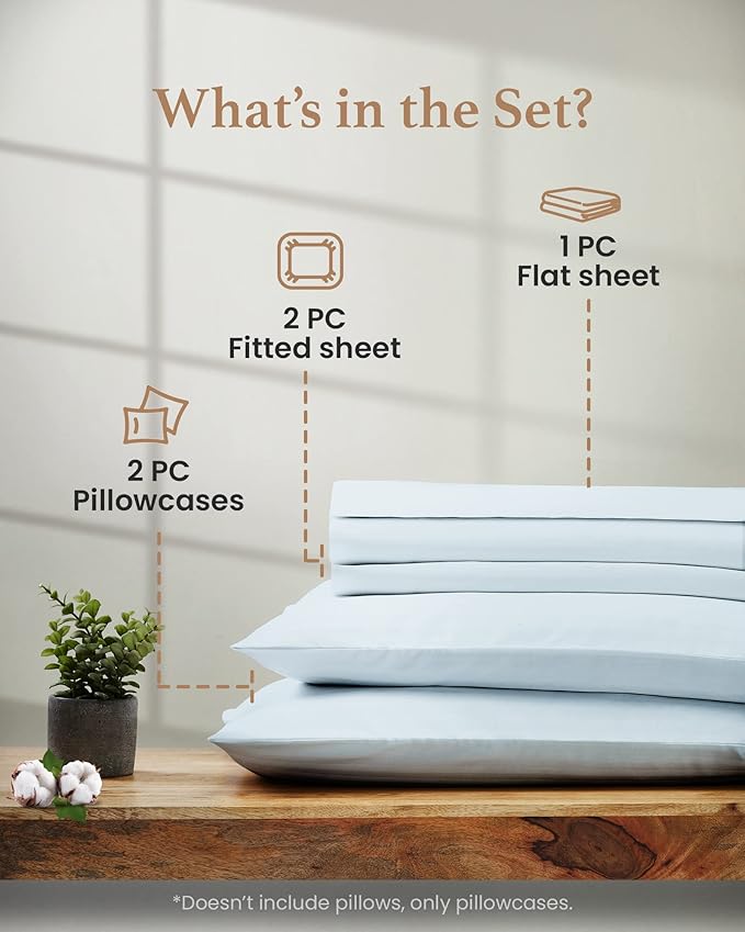 Good Sleep Bedding Split King Sheets Sets for Adjustable Bed Cotton, Luxury Sheets, Egyptian Cotton, 5 Piece 100% Cotton Split King Sheet Set, Sateen Weave, 2 Fitted - 16" Deep Pocket, Light Blue GoodSleepBedding