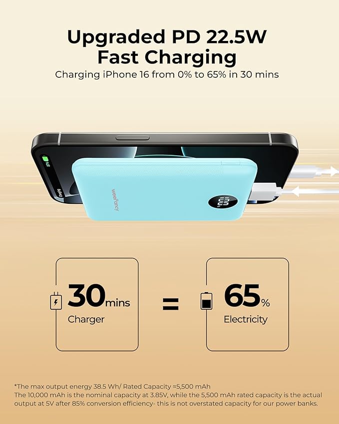 Small Portable Charger 10000mAh, Mini Power Bank with LED Display, 22.5W PD Fast Charging USB-C Battery Pack, Compact Lightweight Travel Charger Compatible with iPhone Samsung Android, Blue