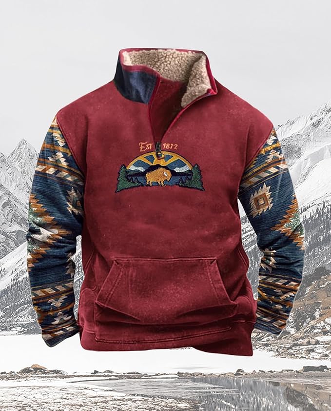 Western Sweatshirts for Men Aztec Cowboy Vintage Graphic Fleece Hoodie Mens Quarter Zip Pullover Country Jacket