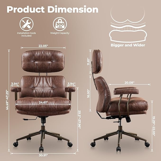 ovios Ergonomic Office Chair, High Back Faux Leather Executive Chairs with Thick Cushion, Comfy High-Century Modern Swivel Rolling Computer Armchair (Dark Brown, Suede Leather)
