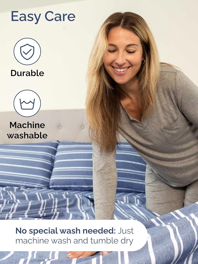 Extra Deep Pocket Cal King Sheets - 4 Piece Breathable & Cooling Bed Sheets - Hotel Luxury Bed Sheet Set - Soft, Wrinkle Free & Comfy - Easily Fits Extra Deep Mattresses - Blue Striped Sheets Set