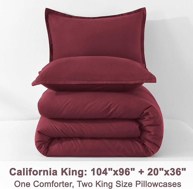 Litanika Comforter Set, Lightweight Solid Bedding Comforter Set, Fluffy Down Alternative Bed Set, Burgundy, California King