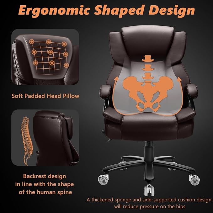 500lbs Big and Tall Office Chair with Dual Rubber Wheel and Pocket Spring Cushion, Comfy Heavy Duty Office Chair for Low Back Pain Relief, Large Executive Desk Chair with Adjustable Lumbar Support