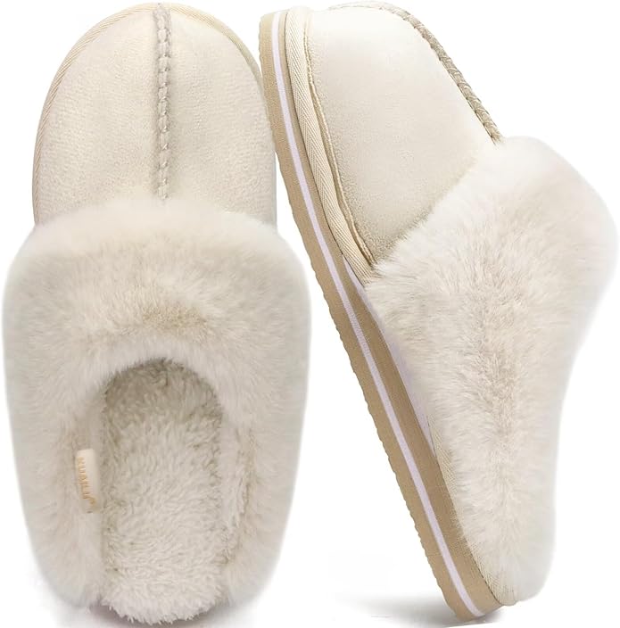 KuaiLu Womens Fluff Dual Memory Foam Slippers Ladies Cozy Arch Support Warm Scuff Slippers Slip on Comfy Winter House Shoes with Non-Slip Indoor Outdoor Hard Sole