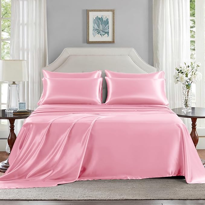 Satin Sheets Queen Size - 6 Pieces Luxury Silky Soft Bed Sheets, Wrinkle-Free Light Pink Satin Silk Sheet Set with 1 Deep Pocket Fitted Sheet, 1 Flat Sheet, 4 Pillow Cases