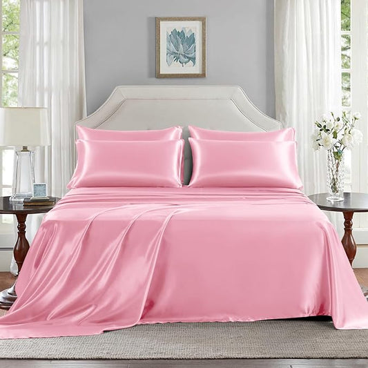 Satin Sheets King Size - 6 Pieces Luxury Silky Soft Bed Sheets, Wrinkle-Free Light Pink Satin Silk Sheet Set with 1 Deep Pocket Fitted Sheet, 1 Flat Sheet, 4 Pillow Cases