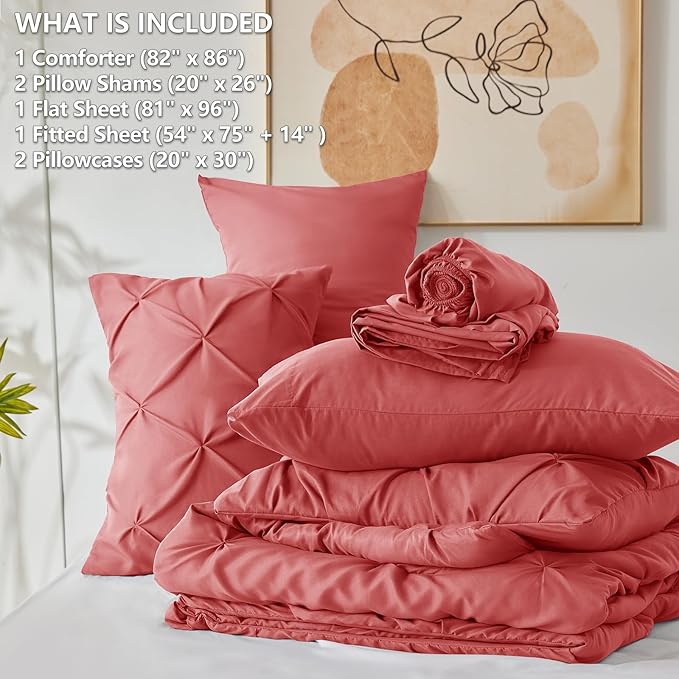 CozyLux Full Size Comforter Sets Coral, 7 Pieces Pintuck Bed in A Bag Coral Comforter Full Size, Pinch Pleat Bedding Sets with All Season Comforter, Flat Sheet, Fitted Sheet, Pillowcases & Shams