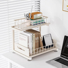 2 Pack Under Sink Organizer, Heavy Duty Metal Slide Out Sink Shelf Organizer Height Adjustable, Multi-Purpose Storage Shelf for Kitchen Bathroom (Sand,2Pack)