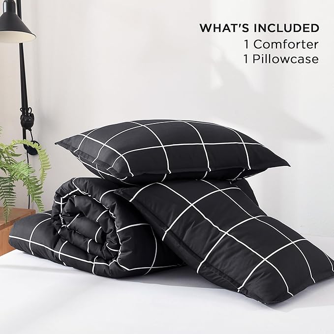 Andency Black Grid Comforter Set Twin(66x90Inch), 2 Pieces (1 Plaid Comforter and 1 Pillowcase) Black Plaid Comforter Set, Lightweight Microfiber Gingham Geometric Comforter Bedding Set