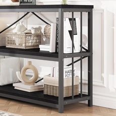 HSH Black Long Bookshelf, Large Wood Wide Horizontal Bookcase Under Window, Modern Long Open Book Shelf for Bedroom Living Room, Industrial Wooden Metal Bookshelves for Home Office, Black Oak, 63 Inch