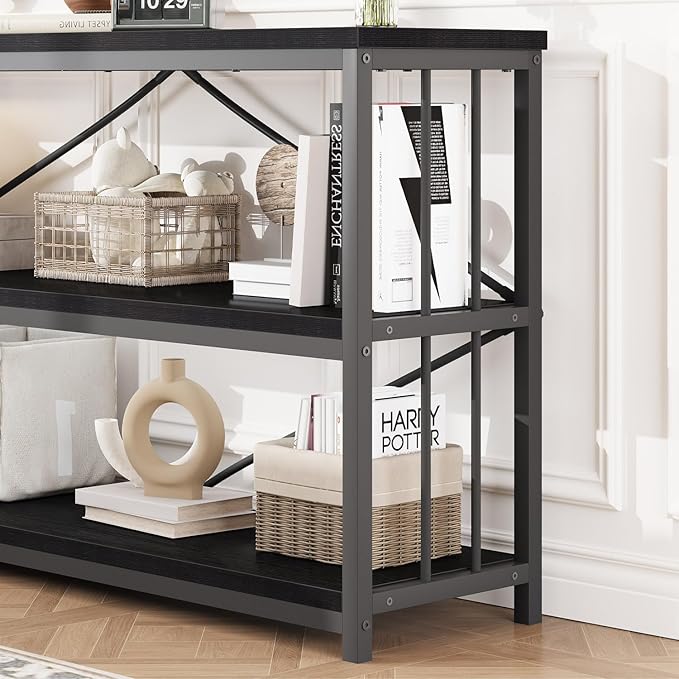 HSH Black Long Bookshelf, Large Wood Wide Horizontal Bookcase Under Window, Modern Long Open Book Shelf for Bedroom Living Room, Industrial Wooden Metal Bookshelves for Home Office, Black Oak, 63 Inch