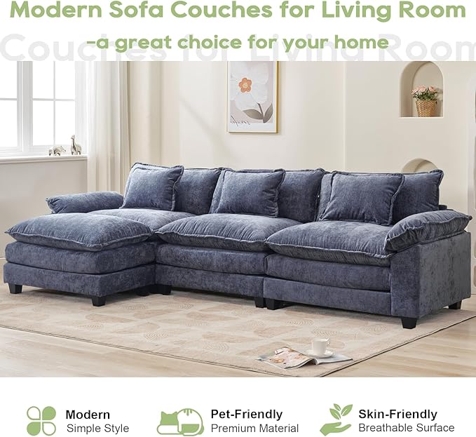 120" Modular Sectional Sofa, Comfy Cloud Couch Sectional Sofa with Ottoman, Chenille Sofa Sleeper Deep Seat Sofa with Throw Pillows for Living Room (Blue, 120"- L Shape)
