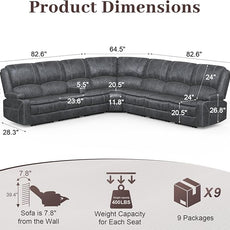Manual Reclining Sectional Sofa Set, 7 Seats Soft Dutch Velvet Recliner Corner Sectional Couch, Family-Sized L-Shaped Recliner Couch with USB Charging, Thickened Padding, Sturdy Frame, Grey