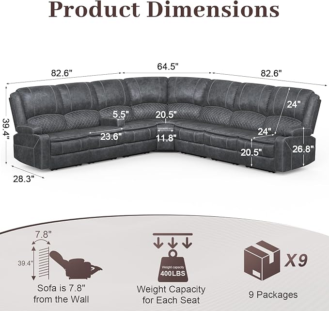 Manual Reclining Sectional Sofa Set, 7 Seats Soft Dutch Velvet Recliner Corner Sectional Couch, Family-Sized L-Shaped Recliner Couch with USB Charging, Thickened Padding, Sturdy Frame, Grey