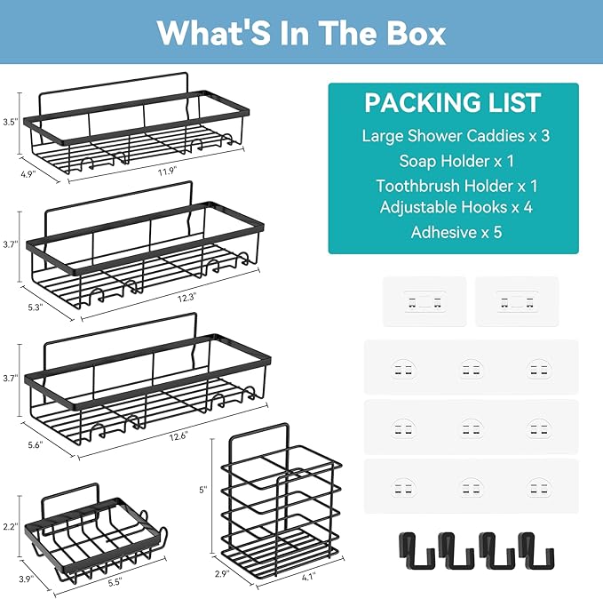 MakeFit 5 Pack Shower Caddy, Adhesive Organizer for Bathroom & Kitchen, Large Capacity Rustproof Stainless Steel Shelves No Drilling