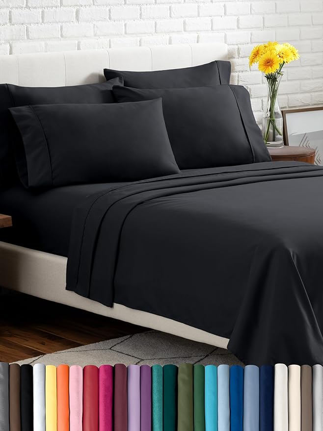 Bare Home Hotel Luxury Full XL Sheet Set, Extra Soft - 6 Piece Set - Deep Pockets - Easy Fit - Cooling & Breathable - Wrinkle, Fade, Stain Resistant - Includes 4 Pillowcases (Full XL, Black)