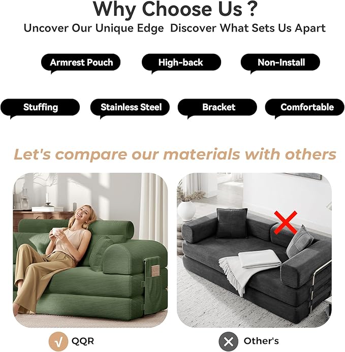 Upgrade High Backrest Design Sofa Bed with Fixed-Shape Frame & Removable Armrests and Backrest, Corduroy Fabric, Convertible Couch for Small Spaces - No Assembly Neede (High Backrest Olive Green)