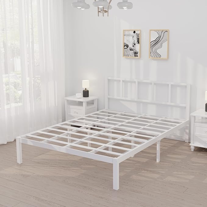 14 Inch Bamboo Bed Frame – Solid Wood Platform Bed Frame, Strong and Stable, with Non-Slip Slats for Support, No Box Spring Needed, Easy to Assemble, Noise-Free (White, Queen with Headboard)