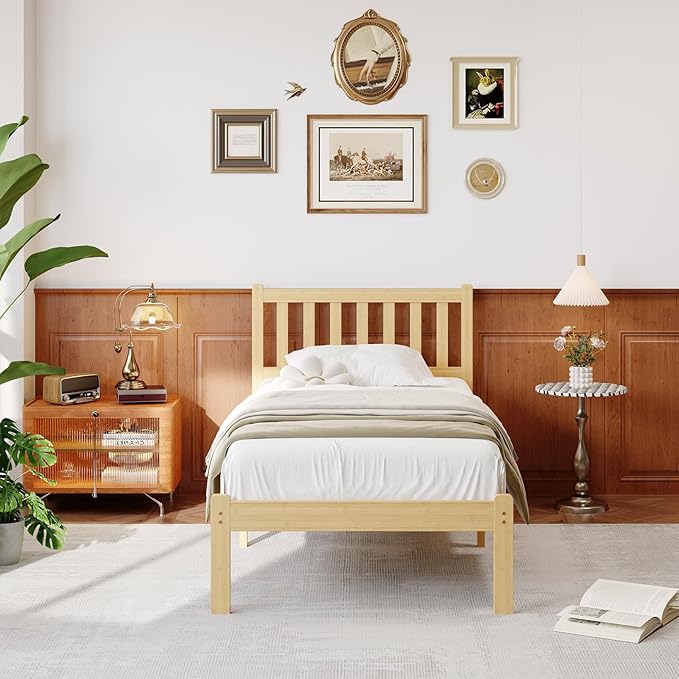 14 in High Solid Bamboo Wood Twin Bed Frame with Headboard, Platform Twin Size Bed Frame, Heavy Duty, No Box Spring Needed, Nosie Free