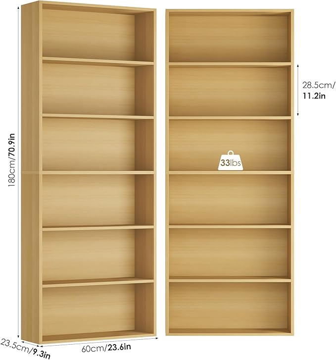 FOTOSOK 6-Tier Open Bookcase and Bookshelf Set of 2, Freestanding Display Storage Shelves Tall Bookcase for Bedroom, Living Room and Office, Natural