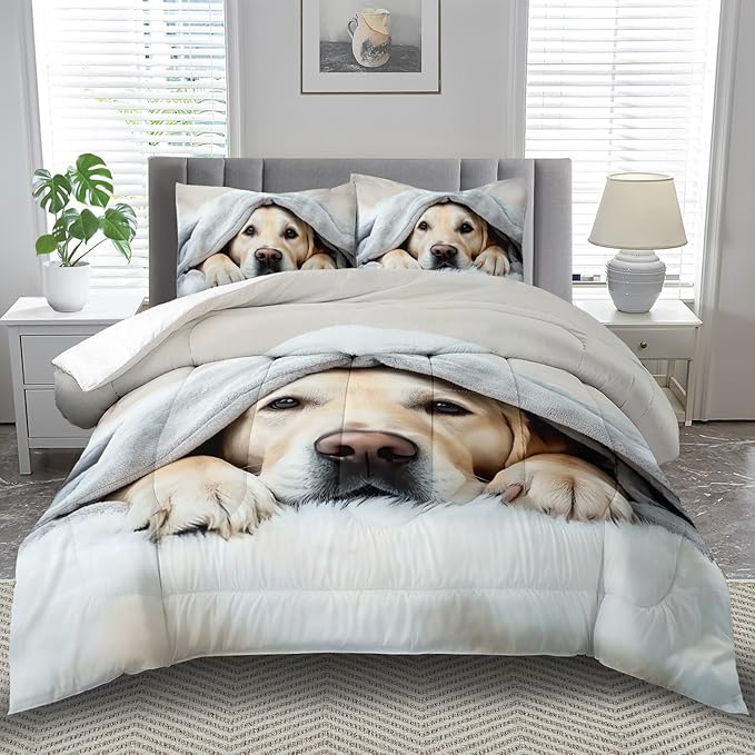 Grey Dog Comforter Set Full Size Boy,Kawaii Pet Dog Animal Print Bedding Set for Girl,Cute Pet Puppy Print Comforter Quilt for Boys,Kawaii Animal Puppy Dog Pals Bedding Bedroom Bed Decor