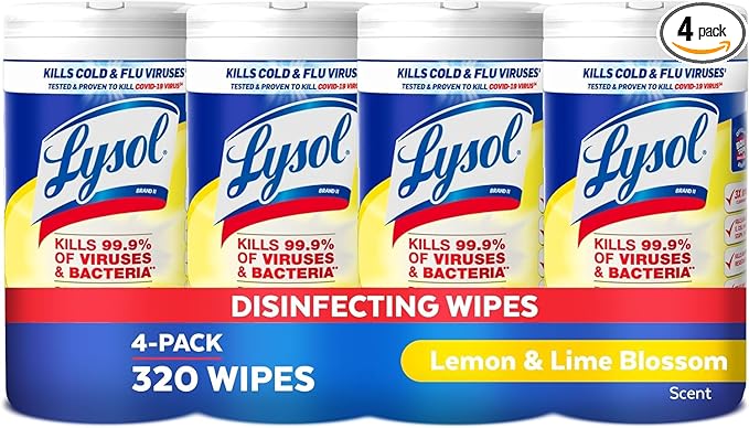 Lysol Disinfectant Wipes, Multi-Surface Antibacterial Cleaning Wipes, For Disinfecting and Cleaning, Lemon and Lime Blossom, Pack of 4 (Packaging may vary)