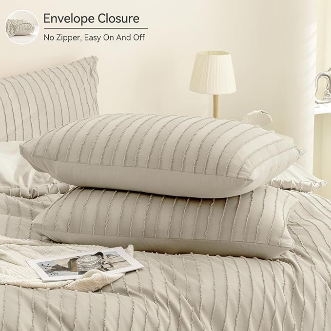 JELLYMONI Duvet Cover Twin Size Light Khaki - 3PCS Boho Striped Duvet Cover Set Polyester Tufted Bohemian Textured Comforter Cover 68×90in with Corner Ties & Zipper and 2 Pillowcases