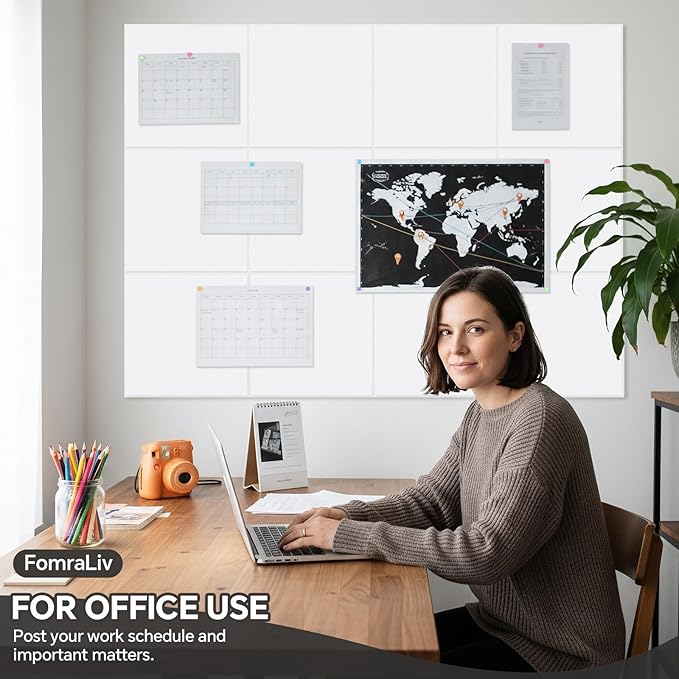 12-Piece White Felt Wall Panels 48×36", Damage-Free Bulletin Board Set with 100 Adhesive Pads & 35 Pushpins, Cork Board Alternative for Home Office Classroom