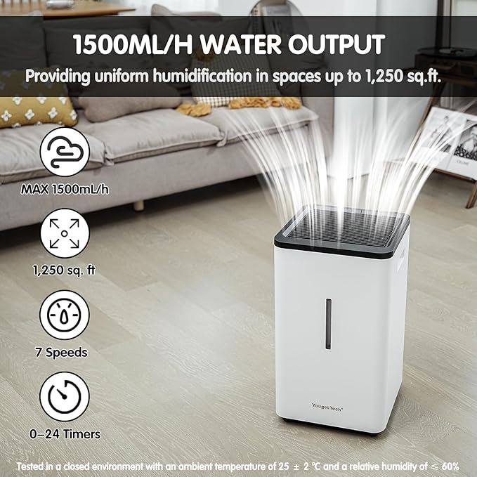 Evaporative Humidifiers |6.5L(1.8Gal) Tank for Whole Room no mist Humidifier | 30 W Cool Humidifiers Evaporative | 7 Speed | MAX Output 1500 ml/h | Auto Humid | Top Filling | White