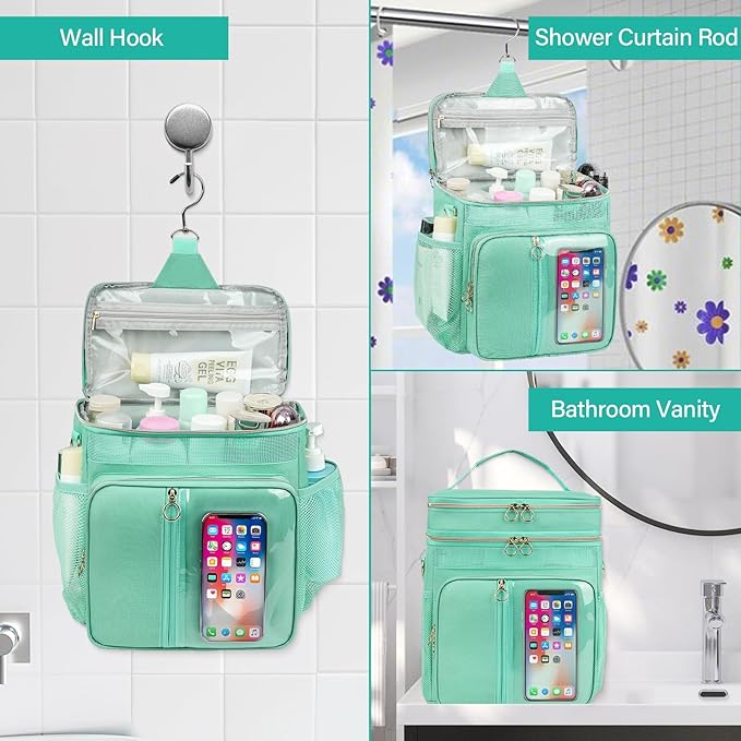 Portable Shower Caddy Bag College, Quickly Dry Toiletry Mesh Tote Bag for Dorm Room Essentials, Hanging Bathroom Organizer for Travel, Gym, Camping (Mint Green)