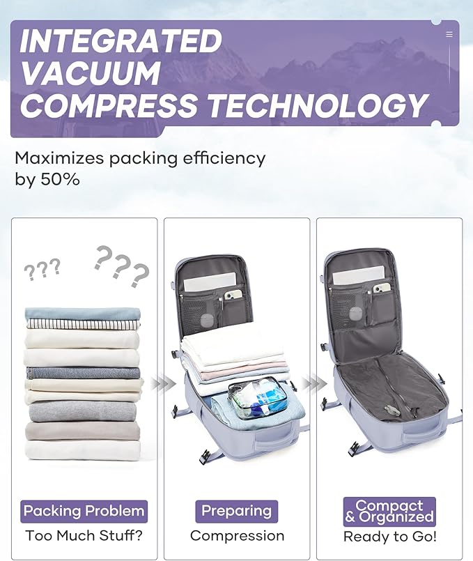 suwasp Vacuum Travel Backpack with Electric Vacpack Pump for Women, 40L Expandable Vacuum Compression Bags Personal Item Backpack Flight Approved Vacuum Seal Backpack for Traveling, Light Purple
