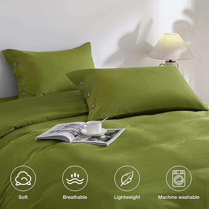 JELLYMONI Christams Pillowcases Standard Set of 2 Cotton Button Pillow Covers 20×26in Avocado Green Bed Pillow Cases 100% Washed Cotton Soft Breathable (Pillows are not Included)