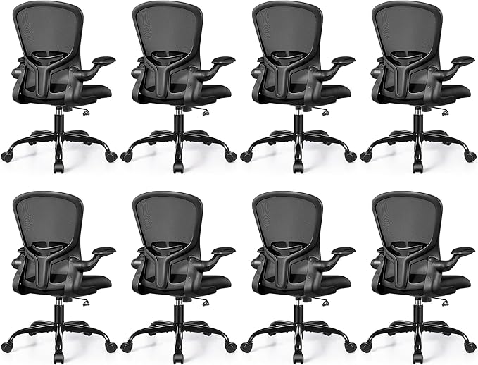 FelixKing Office Desk Chairs, Ergonomic PC Desk Chair with Wheels, Adjustable Lumbar Support and Height, Swivel Computer Chair with Flip-up Armrests, Ergo Mesh Backrest for Working (Black, Pack of 8)