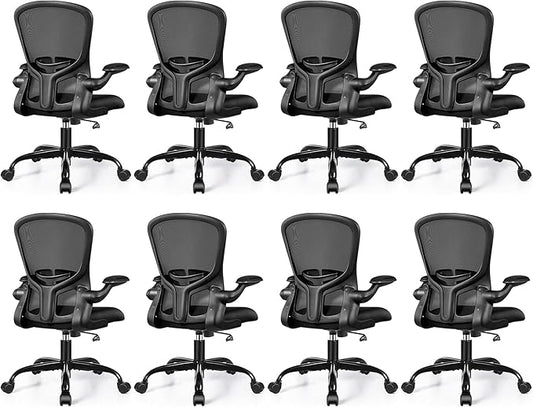 FelixKing Office Desk Chairs, Ergonomic PC Desk Chair with Wheels, Adjustable Lumbar Support and Height, Swivel Computer Chair with Flip-up Armrests, Ergo Mesh Backrest for Working (Black, Pack of 8)