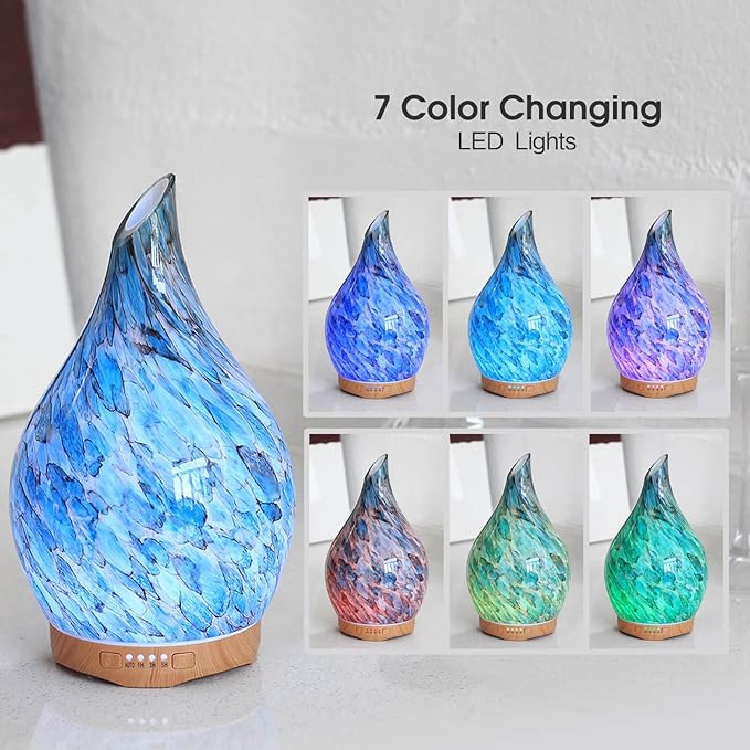 Porseme 280ml Essential Oil Diffuser Glass Color Changing Aroma Air Diffusers Aromatherapy Ultrasonic Cool Mist Humidifier 7 Running Hours Waterless Auto-Off for Sleeping Yoga Office Spa (Light Blue)