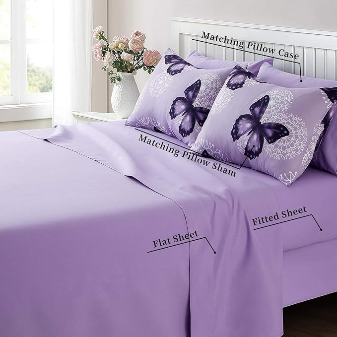 ARTALL Bed in A Bag Full/Queen Size 8 Pieces, Purple Butterfly All Season Bedding Comforter Bed Set with Pillow Shams, Flat Sheet, Fitted Sheet, Bed Skirt, Pillowcases
