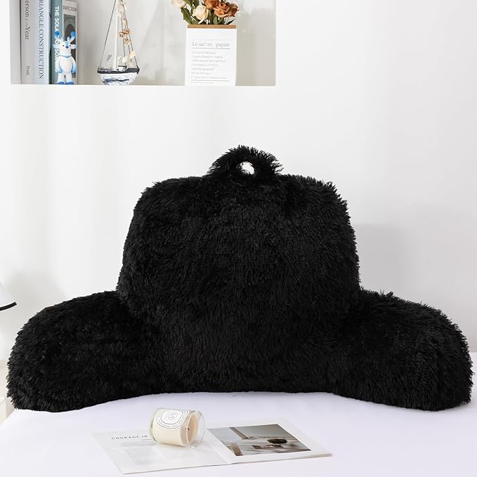 A Nice Night Faux Fur Reading Pillow Bed Wedge for Adult Backrest with Arms Back Support for Sitting Up for Bedrest,Black,Large