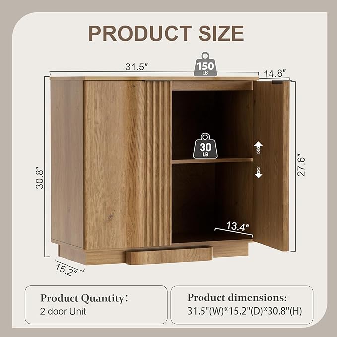 Yechen Buffet Cabinet with Storage, 31.5" Accent Sideboard Modern Credenza with Doors & Adjustable Shelves Fluted Media Console Wood Coffee Bar Table for Living Kitchen Dining Room