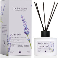 Soul & Scents Reed Diffuser Set – Lavender | 7.43 oz Refillable Scented Oil with 6 Fiber Sticks | Long-Lasting Home Fragrance & Air Freshener for Bedroom, Bathroom, Office | Gift & Décor Piece
