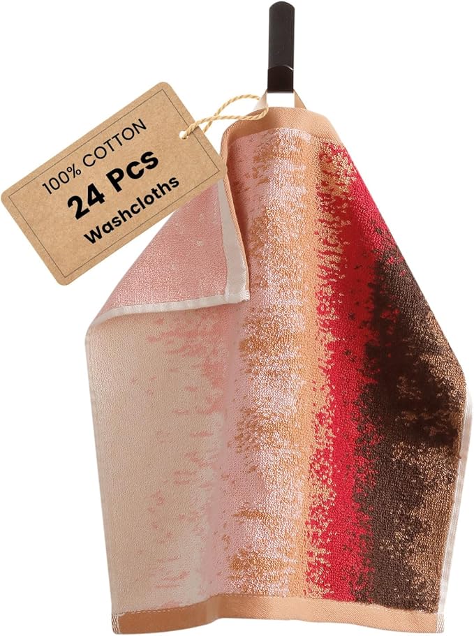 SEMAXE 100% Cotton Washcloths for Bathroom - 24 Pack, Quick-Dry Face Towels with Hanging Loop, Highly Absorbent and Soft, 13x13 Inch, Pink | Brown | Red