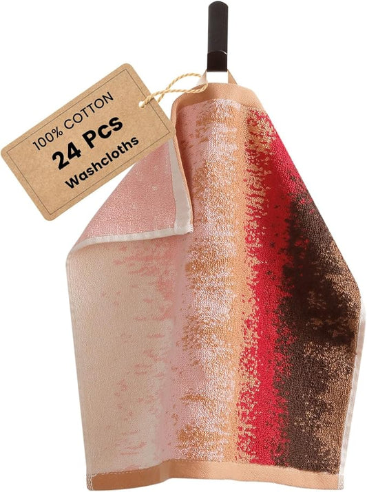 SEMAXE 100% Cotton Washcloths for Bathroom - 24 Pack, Quick-Dry Face Towels with Hanging Loop, Highly Absorbent and Soft, 13x13 Inch, Pink | Brown | Red