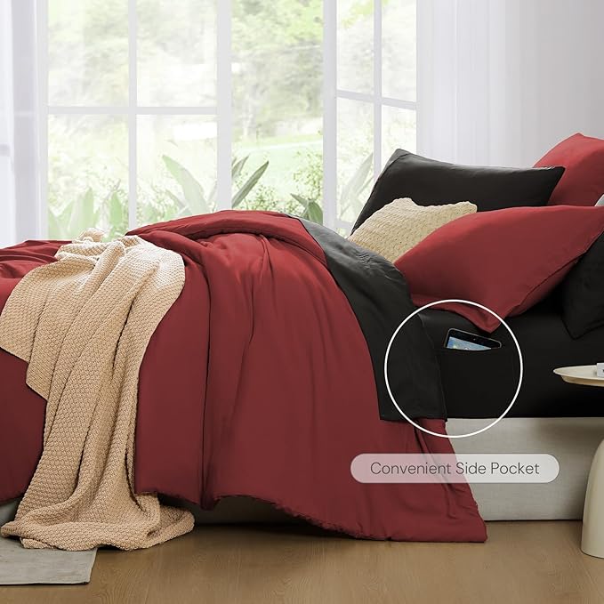 WRENSONGE Queen Comforter Set- 7 Pieces Soft Bright Red Bed in a Bag with Fitted Sheet, Flat Sheet, 2 Pillow Shams, and 2 Pillowcases- Warm Bedding Sets Queen for All Season