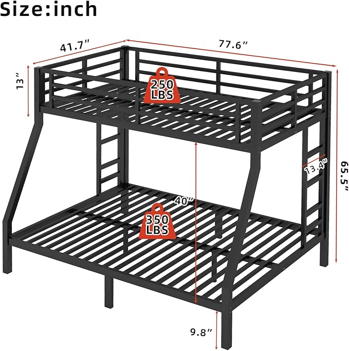 Twin Over Full Bunk Bed, Metal Bunk Bed Frame Heavy Duty Bunk Beds Loft Bed Frame with Ladder and Guardrail Metal Slats No Box Spring Required for Adults Teens, Black