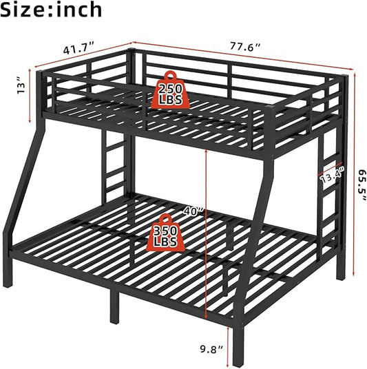 Twin Over Full Bunk Bed, Metal Bunk Bed Frame Heavy Duty Bunk Beds Loft Bed Frame with Ladder and Guardrail Metal Slats No Box Spring Required for Adults Teens, Black