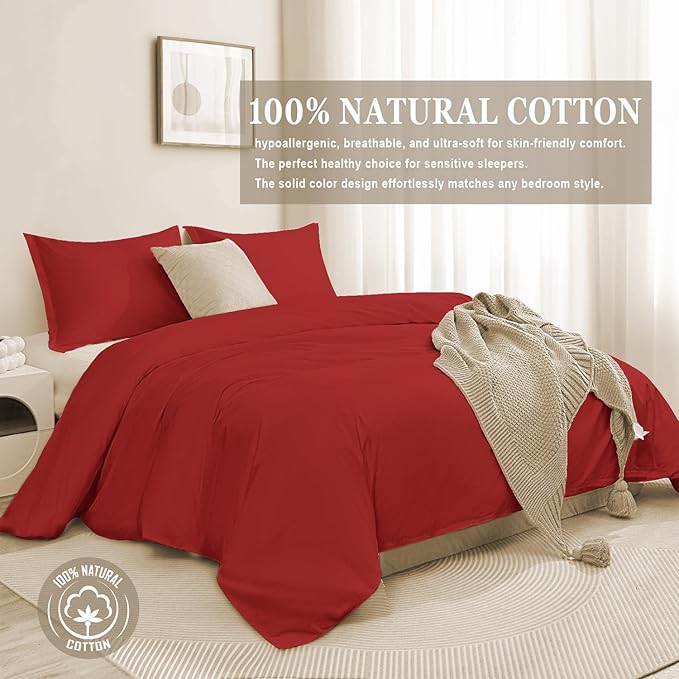 100-Percent Cotton Duvet Cover Set, Hidden Zipper Closure, Ultra Soft, Easy Care and Durable, Simple Bedding Style, King, Red (Comforter Not Included)