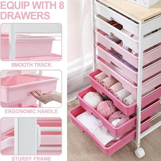 Rolling Cart with Drawers,Storage Cart with 8 Drawers and Wooden Tabletop,Utility Cart for Living Room,Classroom, Bedroom,Bathroom,Dorm,Office,Rose Pink